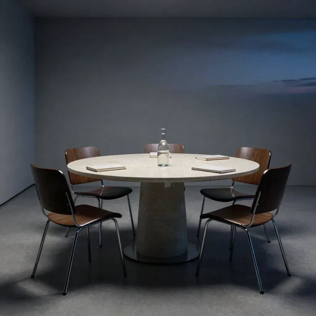 Tomt konferensrum i blå timme med tre stolar, vattenkaraff och anteckningsböcker kring ett ljust bord.