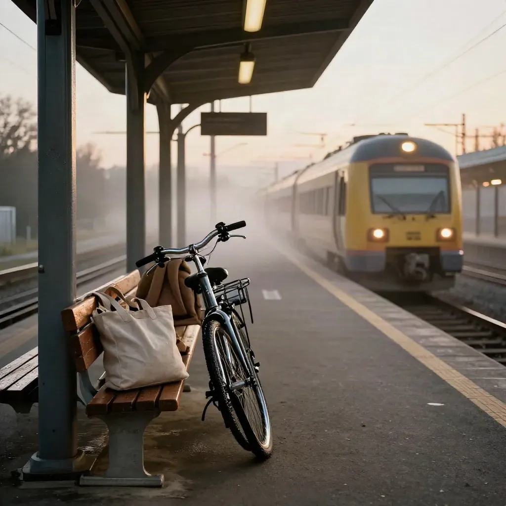 En cykel och en väska vid ett tågperrongskydd i gryning med ett tåg som anländer.