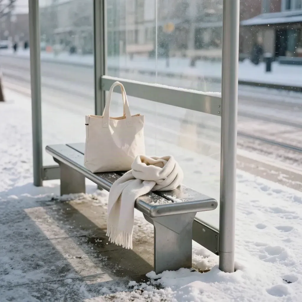 Snötäckt spårhållplats med bänk, tygpåse och halsduk i mjukt vinterljus.