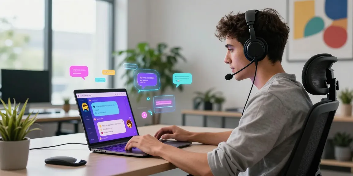 Engaging user chatting with Crushon AI, showcasing a vibrant tech workspace with holographic elements.